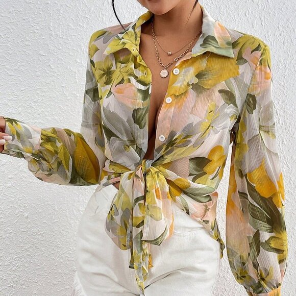 Yellow Boho Women's  Turn-Down Collar Button down floral blouse - Picture 5 of 6